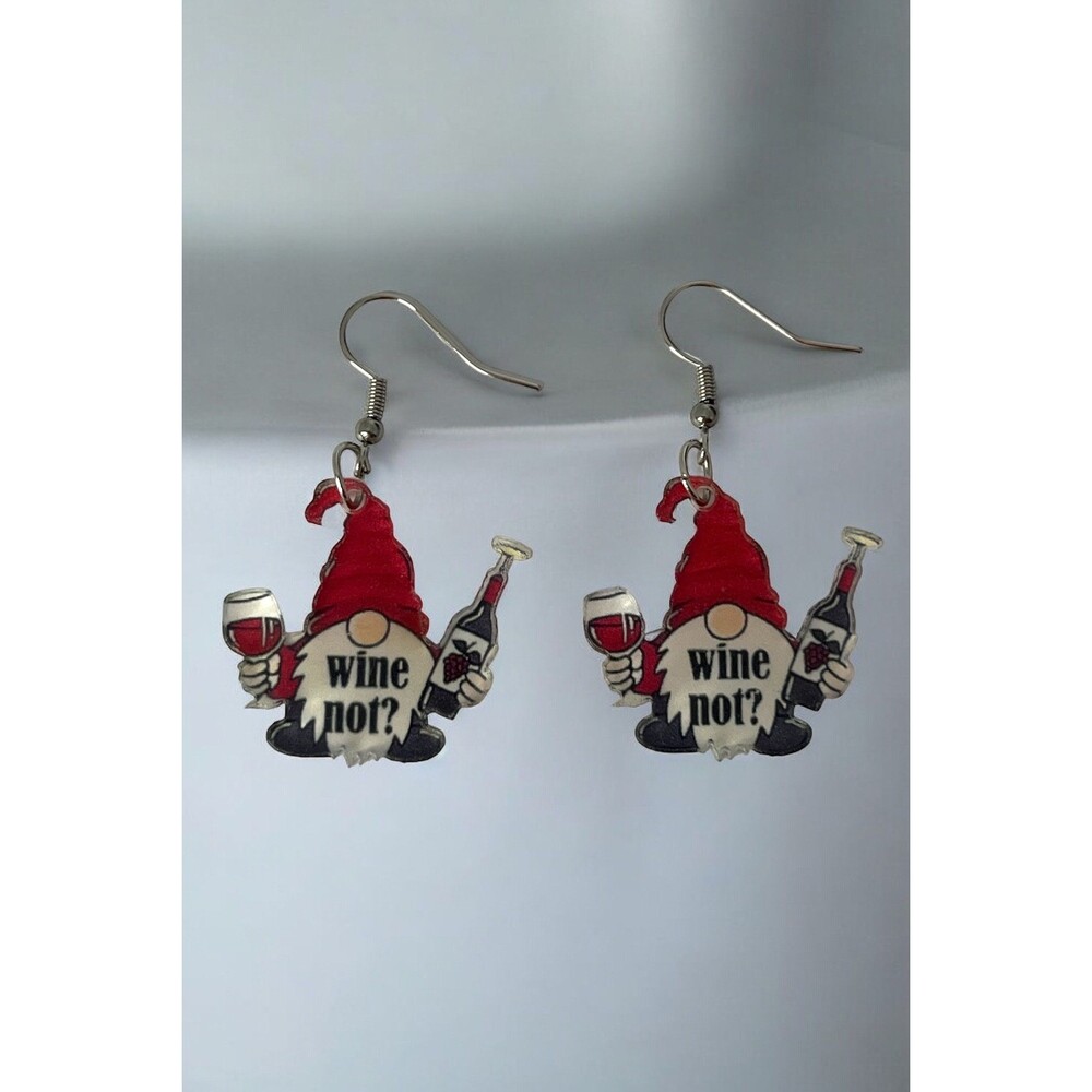 Wine Lover Gnome Earrings - Cute Holiday Gift for Her, Choose Plain or Wine